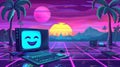 In retrowave, vaporwave 90s style. Retro screen with smiley face hipster stickers, video player, message boxes, popup