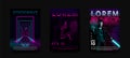 Retrowave vaporwave synthwave posters set. Neon man with laser grid and portals. Cyberpunk girl with gun. Man with Royalty Free Stock Photo