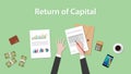 Return of capital illustration with business man working on paper document graph