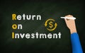 Return On Investment On Chalkboard With Businessman hand and Chalk. ROI Symbol Hand Writing Text and Drawing Icon Royalty Free Stock Photo