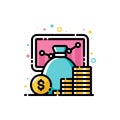 Return on investment chart, finance graph, budget planning and income growth concept. Flat icon of money bag and stacks of coins Royalty Free Stock Photo