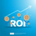 Return on investment concept. business growth arrows to success. ROI text with grow dollar coins plant. chart increase profit. Royalty Free Stock Photo