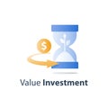 Return on investment, hourglass and coin, time is money, long term savings account, financial concept