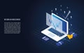 Return on investment ROI chart and graph in a laptop with forex candlestick signal, arrow and gold coin. Isometric vector