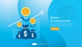 Return on investment ROI concept. business growth arrows success. dollar plant coins, graph and money bag. chart increase profit. Royalty Free Stock Photo