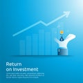 Return on investment ROI concept. business growth arrows to success. dollar money bag on big investor hand. chart increase profit Royalty Free Stock Photo