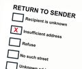 Return to sender concept with check on insufficient address Royalty Free Stock Photo