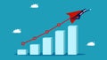 returns or business growth. Profit increase or progression concept. Businessman hero on growth bar chart. Finance and investment c