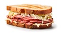 Reuben sandwich, an American grilled sandwich with corned beef, Swiss cheese, sauerkraut and dressing on white isolated Royalty Free Stock Photo