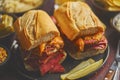 Reuben sandwich. Classic traditional American sandwich. Pastrami and corned beef on grilled bread Royalty Free Stock Photo