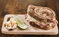 Reuben sandwich with kosher dill pickle and coleslaw Royalty Free Stock Photo