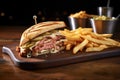 reuben sandwich with a mountain of crispy chips