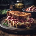 Reuben Sandwich On Stone In Rustic Pub. Generative AI