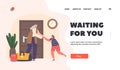 Reunion Landing Page Template. Happy Grandmother Character Embrace Granddaughter At Home Hallway