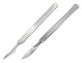 Reusable all-metal scalpel and delicate pointed scalpel with removable blade. Manual surgical instrument. Realistic