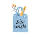 Reusable bag with lettering logo and illustration of food, eco freindly zero waste lifestyle, textile cotton shopper bag