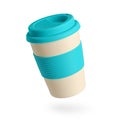 Reusable bamboo coffee cup with blue silicone holder and lid. Isolated on white. Zero waste