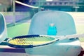 Reusable blue water bottle at tennis court