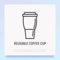 Reusable coffee cup thin line icon. Modern vector illustration Royalty Free Stock Photo