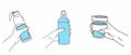 Reusable container for liquids. Various poses of hands holding a bottle