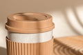 Reusable cup, biodegradable travel plastic coffee mug take away. Bamboo eco friendly cup. Zero waste, sustainability Royalty Free Stock Photo