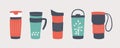 Reusable cups, thermo mug and tumblers with cover. Set of vector illustrations