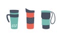 Reusable cups, thermo mug and tumblers with cover. Set of vector illustrations