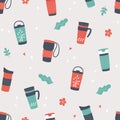 Reusable cups, thermo mug and tumblers with cover for hot coffee and tea. Hand drawn seamless pattern. Vector