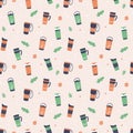 Reusable cups, thermo mug and tumblers with cover for hot coffee and tea. Hand drawn seamless pattern. Vector