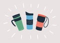 Reusable cups, thermo mug and tumblers with cover for take away hot coffee or tea. Hand drawn object. Vector