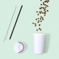 Reusable eco coffee cup, roasted coffee beans and metal drinking straw. Zero waste concept Royalty Free Stock Photo