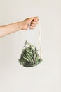 Reusable eco-friendly bag full of fresh seasonal pea pods on white background Royalty Free Stock Photo