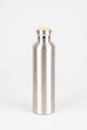 Reusable eco-friendly stainless steel thermo bottles on white background