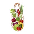 Reusable fabric grocery eco bag from the farmer`s vegetables and fruits