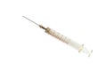 Reusable glass syringe for injection, white background, close-up, top view