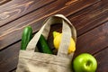 Reusable linen shopping bag filled with fruits and vegetables Royalty Free Stock Photo