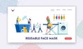 Reusable Masks Care and Recycling Landing Page Template. Tiny Characters Washing, Ironing and Drying Masks for Reuse