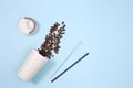 Metal drinking straws, bamboo coffee cup with roasted coffee beans. Zero waste concept. Royalty Free Stock Photo