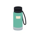 Reusable recycled sports water bottle. Plastic drink container closed with cap, lid and string loop. Eco travel package