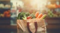 reusable shopping bag filled with vegetables, grocery store abstract blur, defocused background, copy space. ai generative