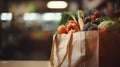 reusable shopping bag filled with vegetables, grocery store abstract blur, defocused background, copy space. ai generative