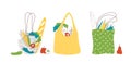 Reusable shopping bags with purchases flat vector illustrations set