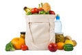 Reusable shopping tote bag full of various groceries Royalty Free Stock Photo