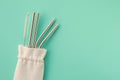 Reusable stylish eco friendly sustainable stainless steel metal straws on light blue background.