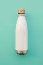 Reusable stylish eco friendly sustainable water bottle on light blue background