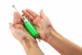 Reusable syringe with acid substance in hands