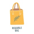 Reusable tote bag for shopping, cotton fabric bag, no plastic lifestyle, zero waste concept, isolated vector icon