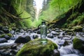 a reusable water bottle next to a clean mountain stream