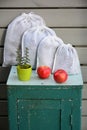 Reusable zero waste linen produce bags with apple fruits