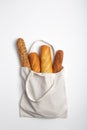 Reusable zero waste textile bread bag, top view on white background